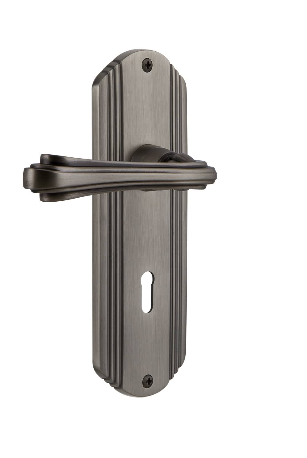 Nostalgic Warehouse DECFLR_PRV_238_KH Fleur Privacy Door Lever Set with Deco Ros Antique Pewter