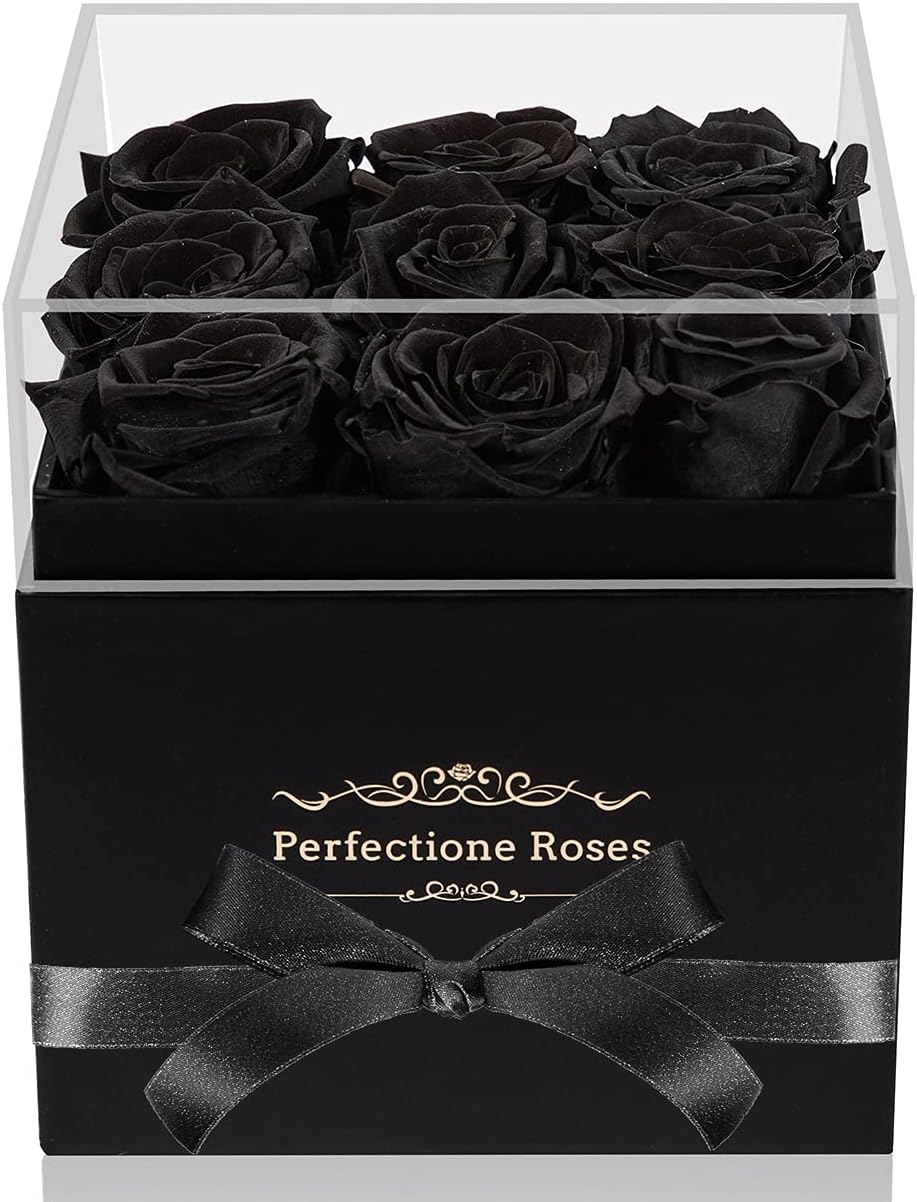 Perfectione Roses Preserved Roses in a Box, Blue Real Roses Long-Lasting Rose Valentine's Day Gifts for Her Anniversary Mother's Day Christmas Day(Black Medium Square Box)