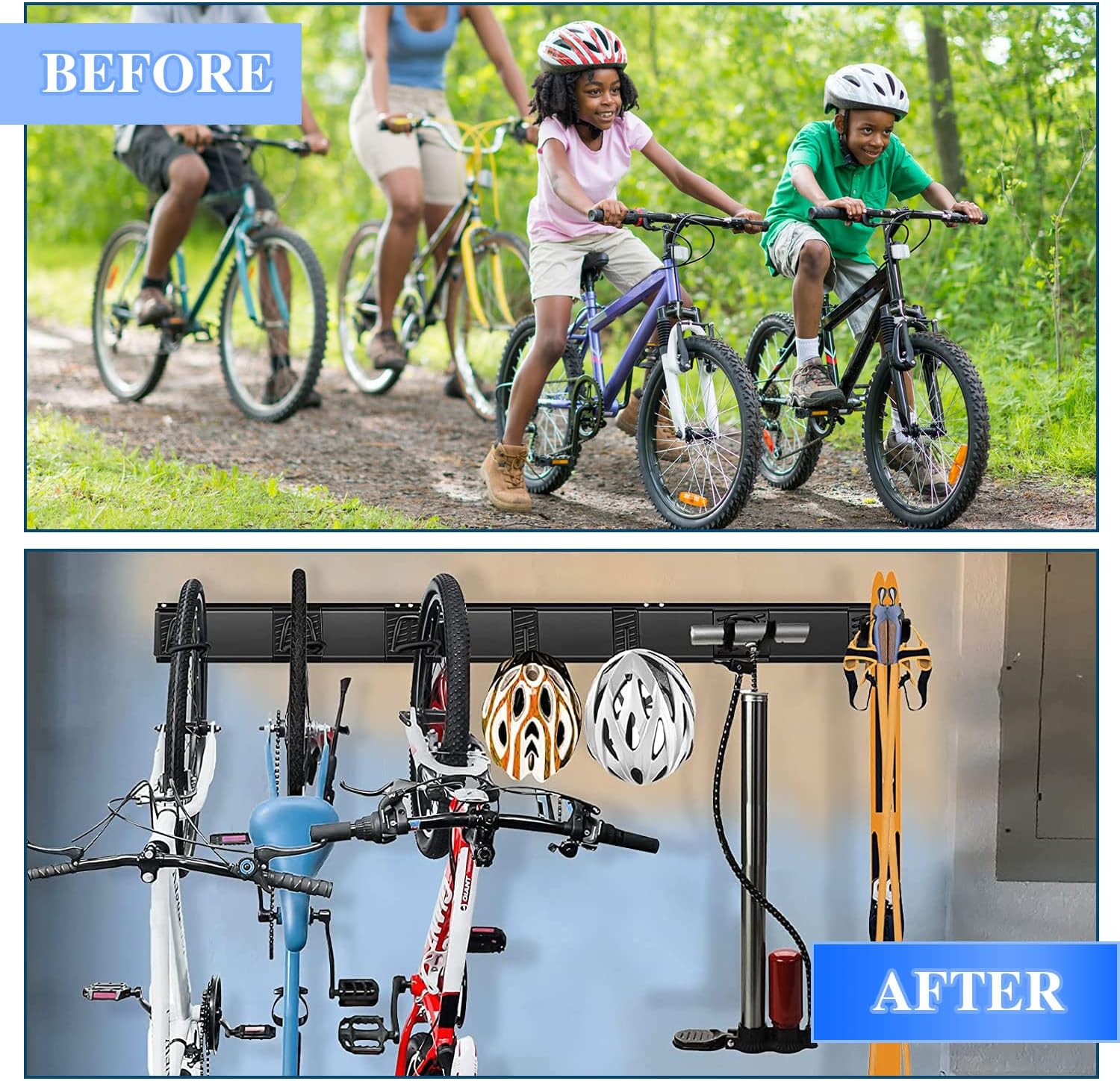 Bike Storage Rack Wall Mount, Garage Storage Rack with 5 Bike Hooks and 3 Helmet Hooks, Adjustable Bike Organizer Rack for Space Saving (8 Hooks and 3 Rails) Pack of 2