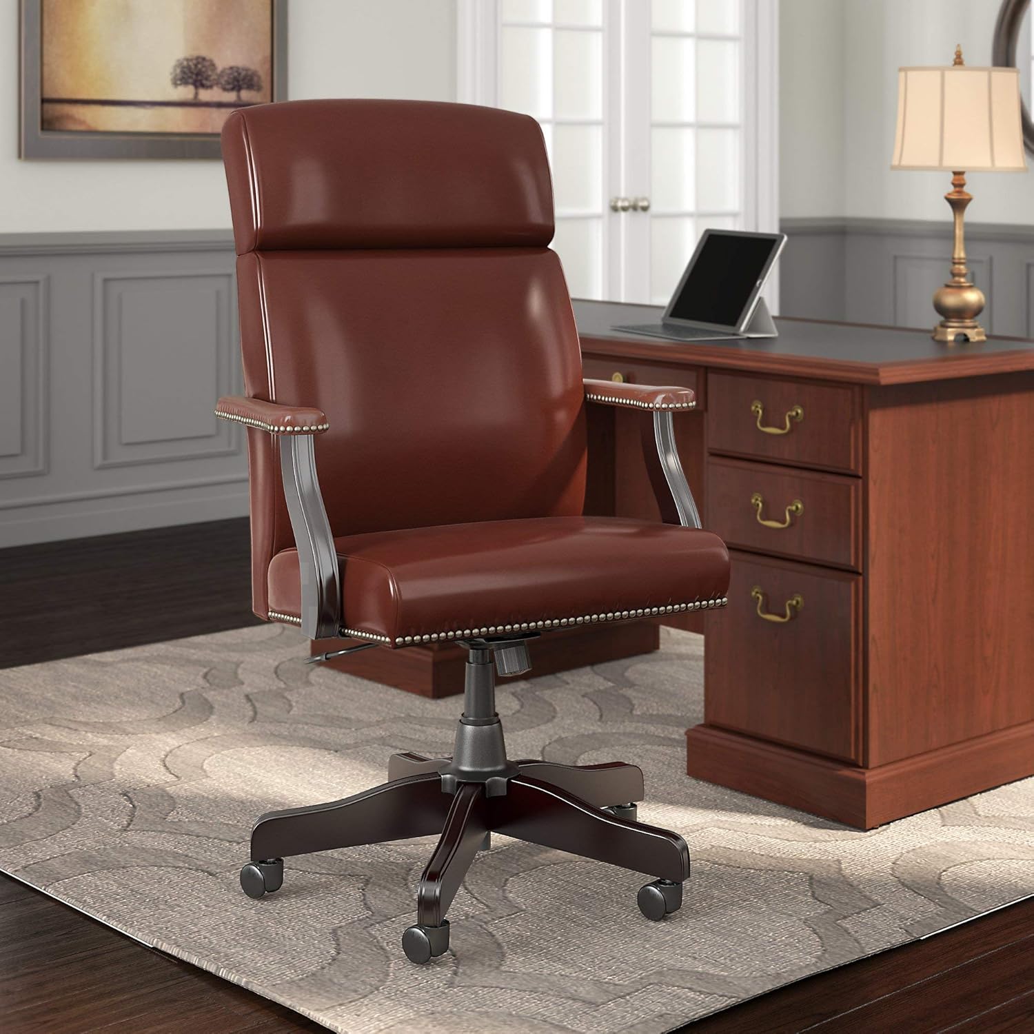 Bush Furniture Sartoga High Back Leather Executive Office Chair, Harvest Cherry with Nailhead Trim