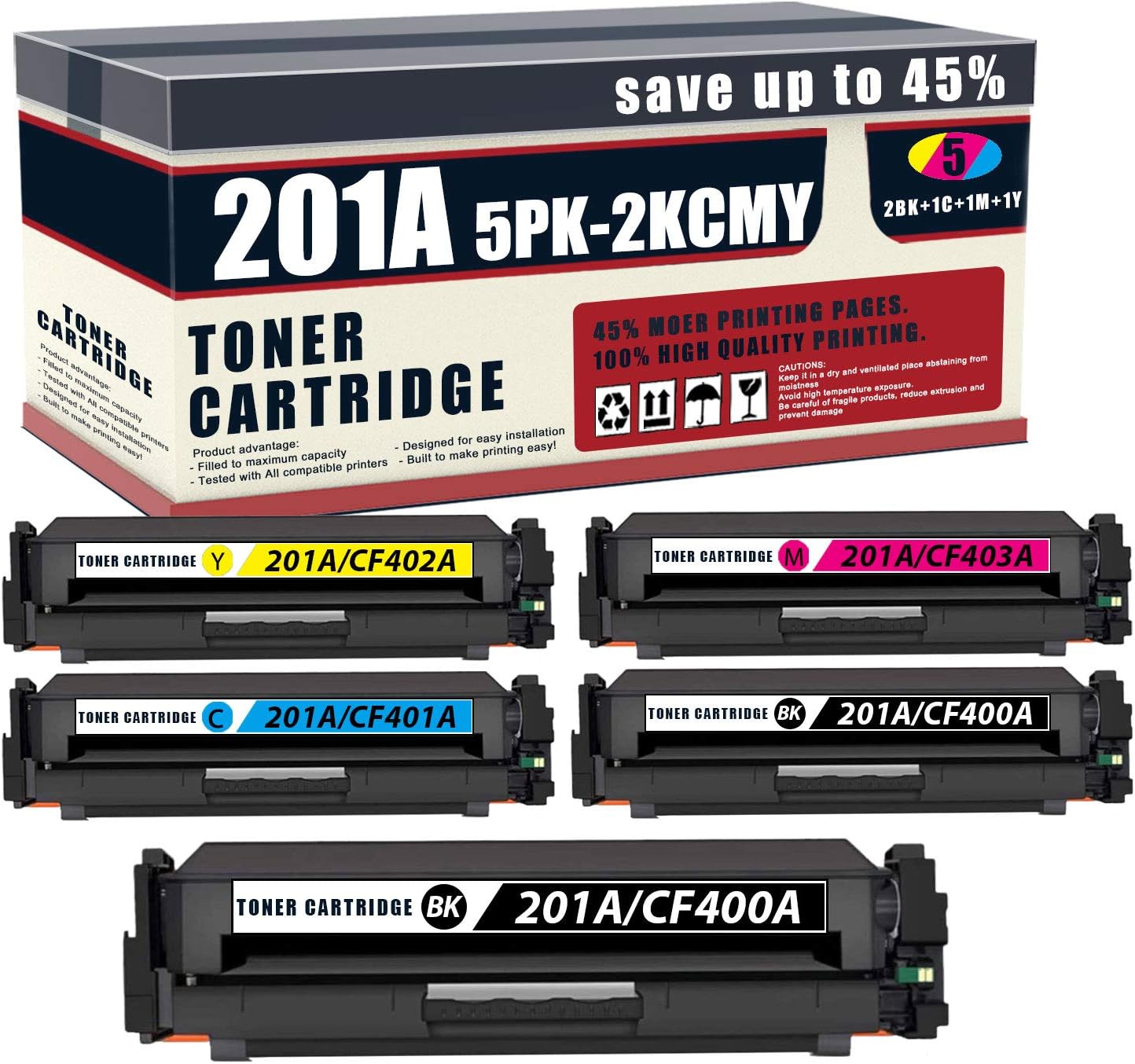 5 Pack (2BK/C/M/Y) 201A | CF400A CF401A CF402A CF403A Compatible 201A Toner Cartridge Replacement for HP Color Pro M252dw M252n M277c6 M274n Printer Toner Cartridge