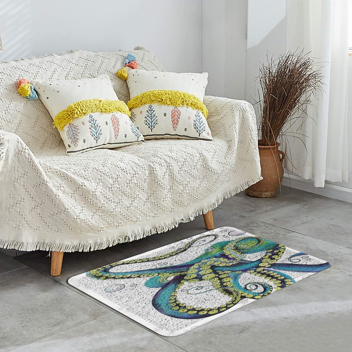 Meet 1998 Outdoor Durable Doormat Blue Green Kraken Non-Slip Rubber Backing Mats Heavy Duty Carpet Shoes Scraper Rugs Machine Washable for Entrance Sea Animal 18x30 inch