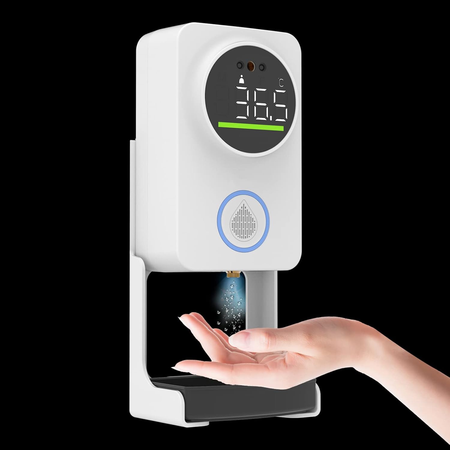 2 in 1 Mini Non-Contact Thermometer and Hand Sanitizer Dispenser, Display Time, Support 18 Languages, Top Measure Temperature, Bottom Hand Wash with Refillable Bottle, Suitable for Commercial Places