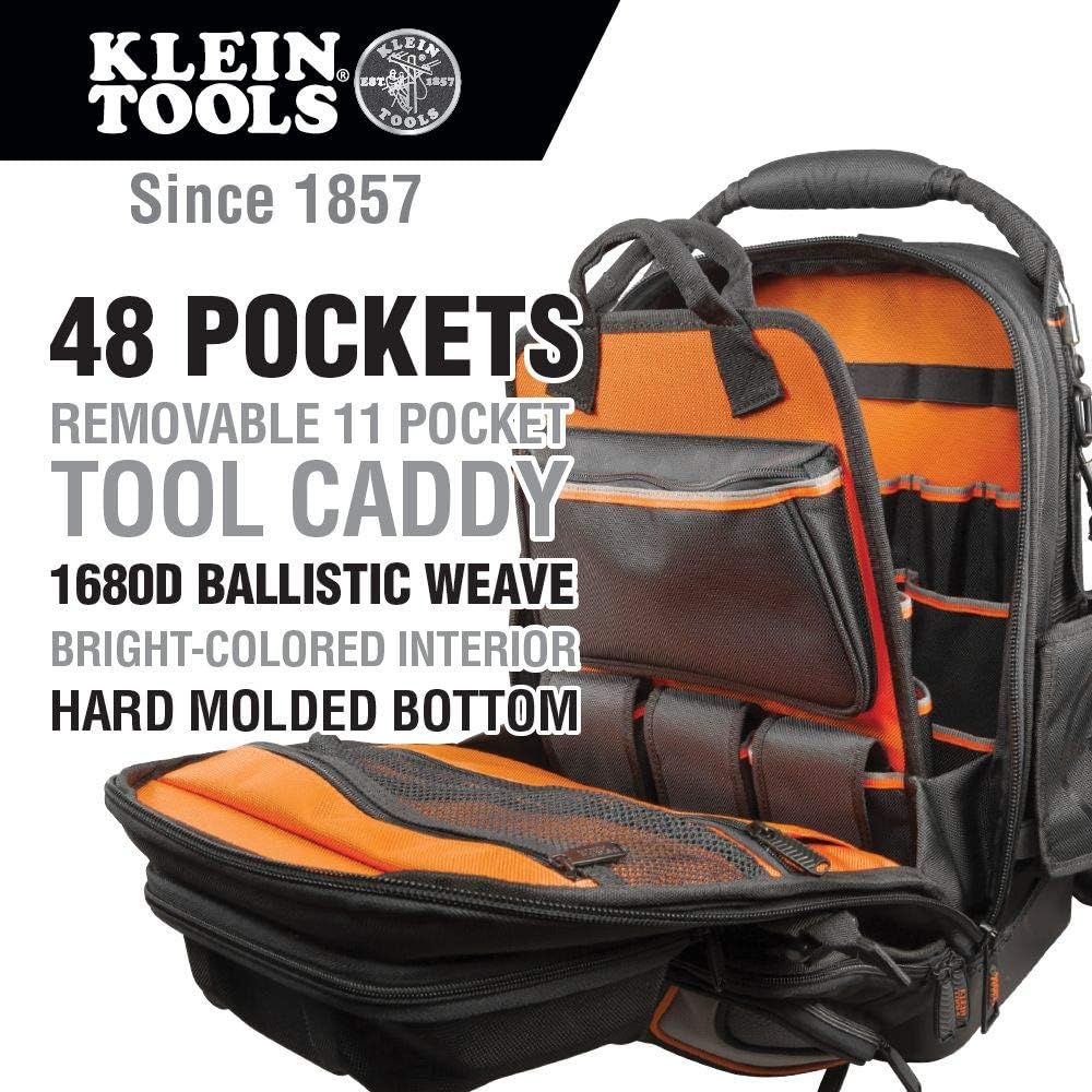 Klein Tools 55485 Tool Bag Backpack, Durable Electrician Backpack with 48 Pockets for Hand Tools, Waterproof Bottom, Removable Tool Carrier