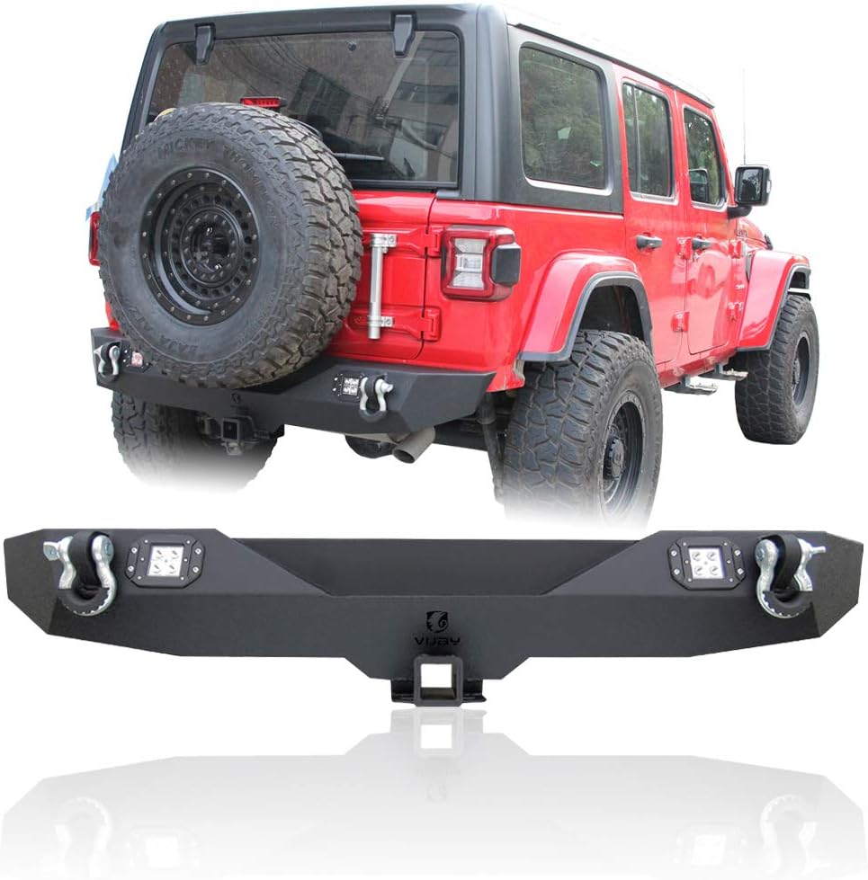 TIOYAR Rear Bumper Upgrade Texture Black w/Hitch Receiver & 2x20W LED Lights + 2x4.75T D-Ring for 2018-2022 Wrangler JL/JLU