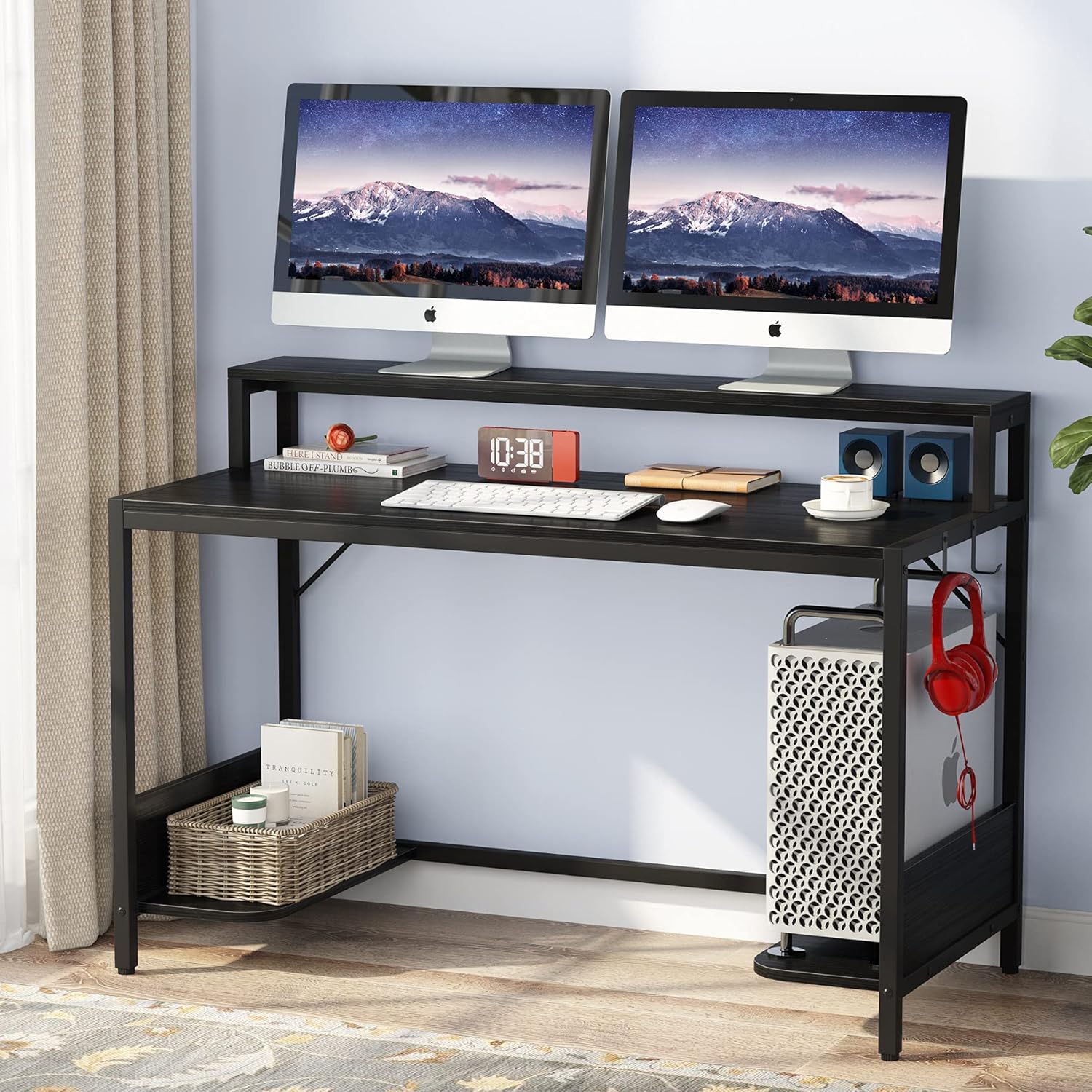Tribesigns Computer Desk, Industrial Office Desk with Monitor Stand, 47 Inch Studying Writing Table with Storage Shelves, Home Office Desk with 2 Hanging Hook for Small Space, Rustic Brown