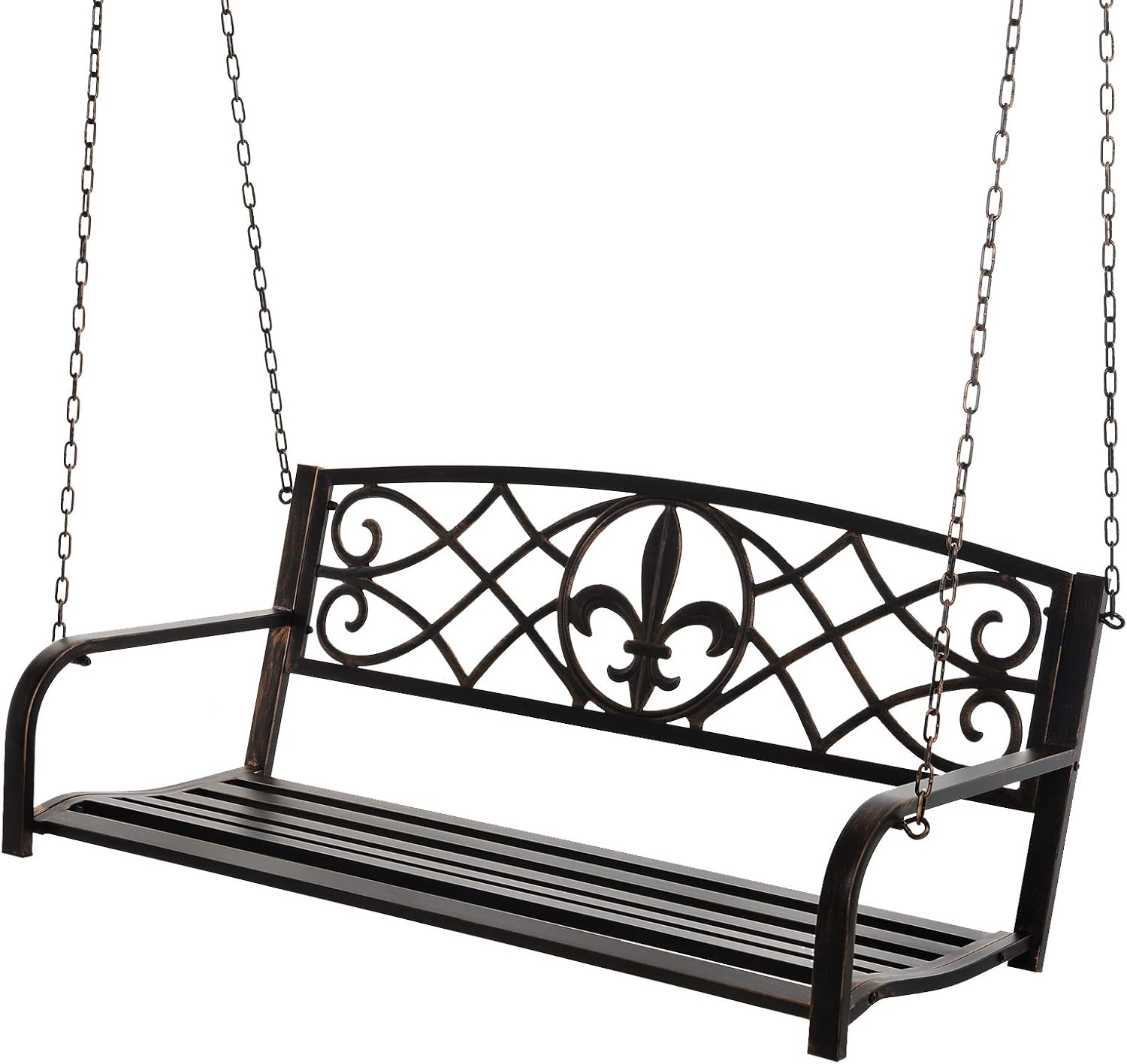 Outsunny Steel Fleur-de-Lis Design Outdoor Porch Swing Seat Bench with Chains for The Yard, Deck, & Backyard, Black