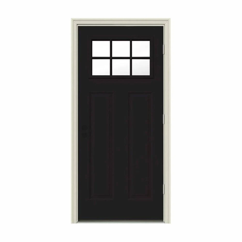 JELD-WEN 34 in. x 80 in. 6 Lite Craftsman Black w/ White Interior Steel Prehung Left-Hand Outswing Front Door w/Brickmould, Blac