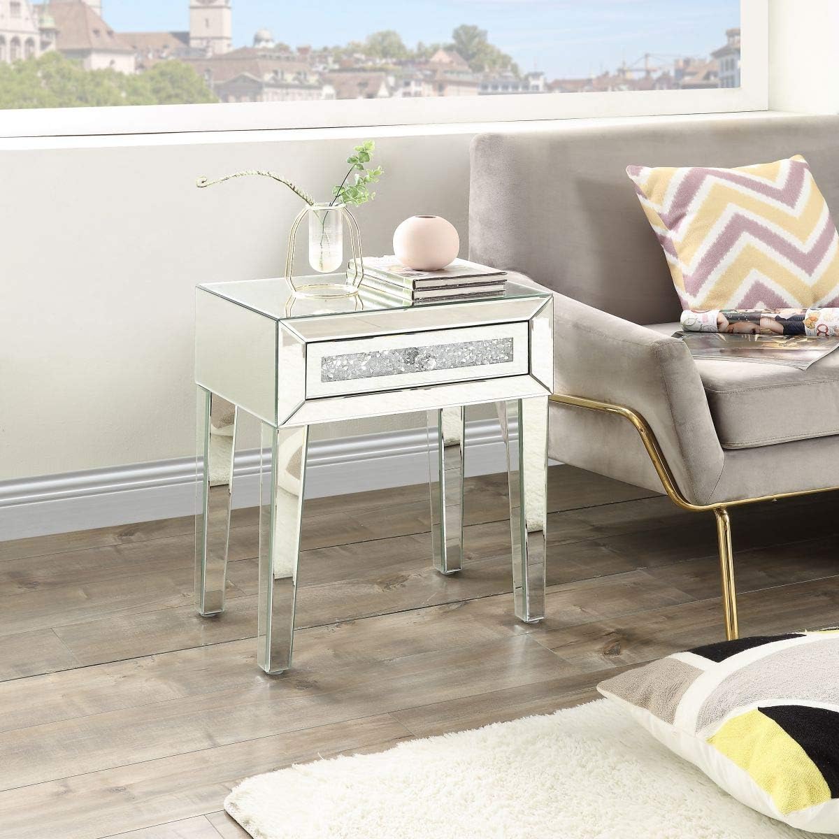 Mirrored End Table, Crystal End Table with 1-Drawers, Mirror Accent Silver Table, Modern Contemporary Furniture for Living Room from Mireo Furniture