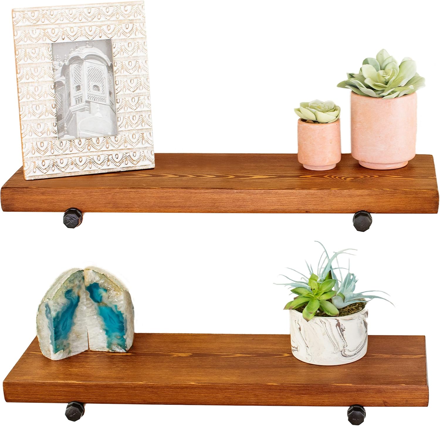 Floating Wall Shelves with Industrial Pipe Brackets, Solid Wood, Set of 2, Farmhouse Shelf, 24