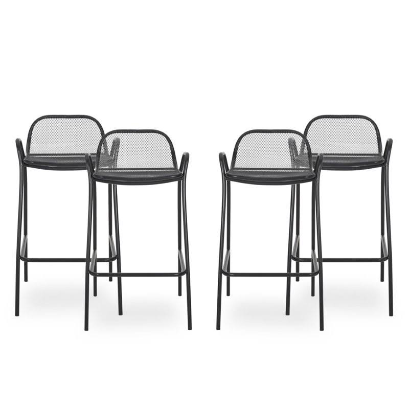 Noble House Baltimore Outdoor Modern Iron Barstool in Matte Black (Set of 4)
