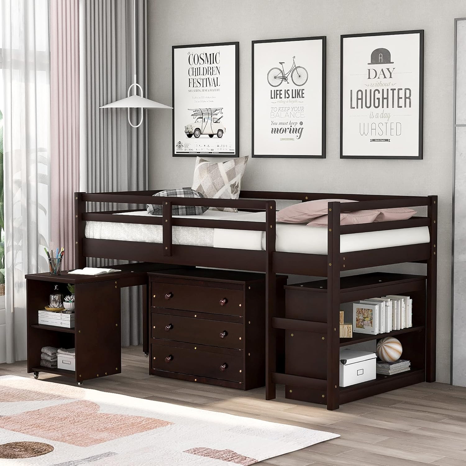 Low Study Loft Bed, Hinpia Premium Wood Twin Bed Frame with Cabinet and Rolling Portable Desk, Space Saving (Espresso)