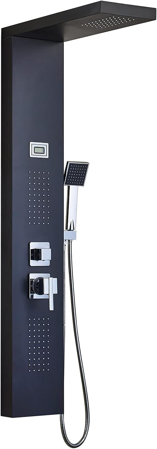 ROVATE Stainless Steel Shower Panel Tower System, Wall Mount Multi-Function Shower Column with Body Massage Jet, Rainfall Shower Tower with Water Temperature Display Bath System, Black