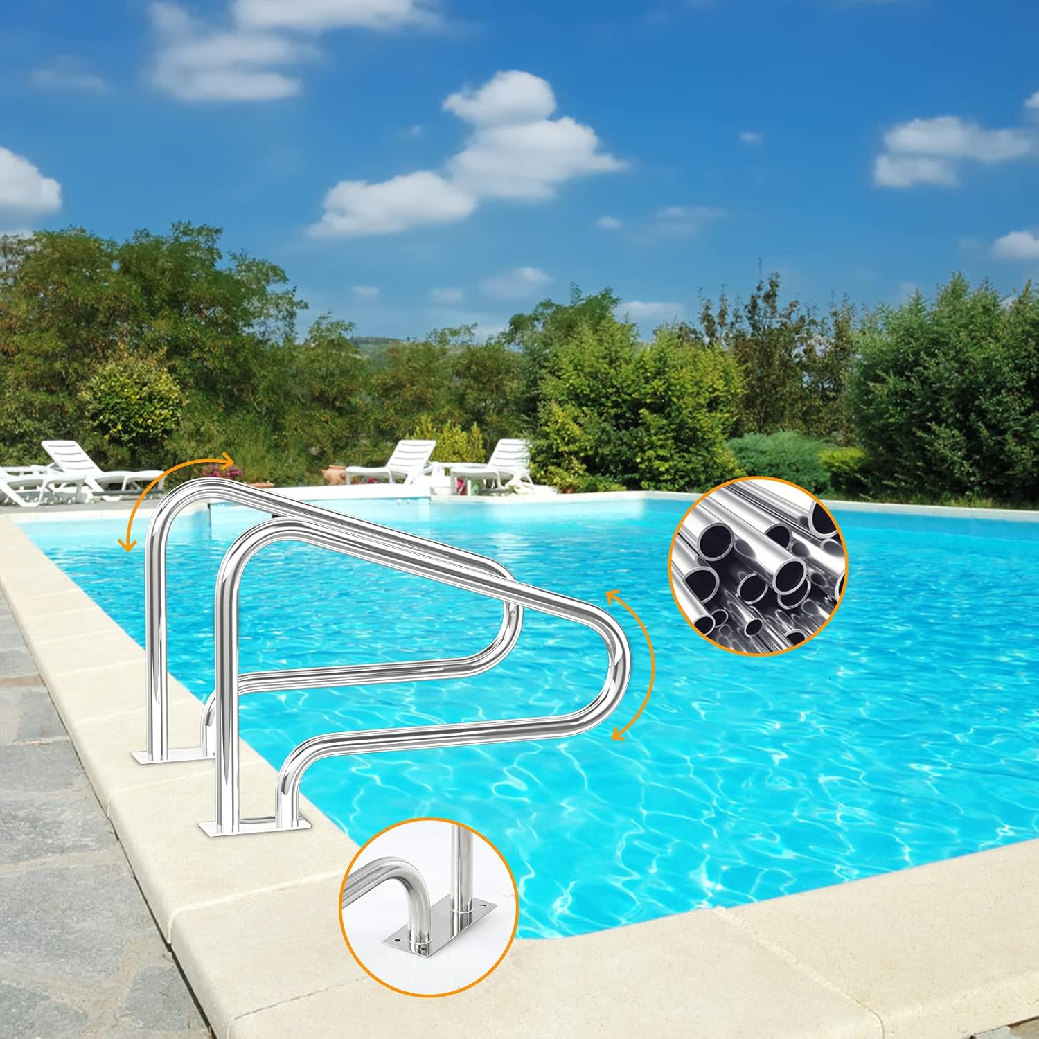 Goplus Pool Hand Rail, 2 PCS Easy Mount Hand Grab Rail w/Curved Structure & Complete Mounting Accessories, Stainless Steel Swimming Pool Stair Rail w/Base Plate