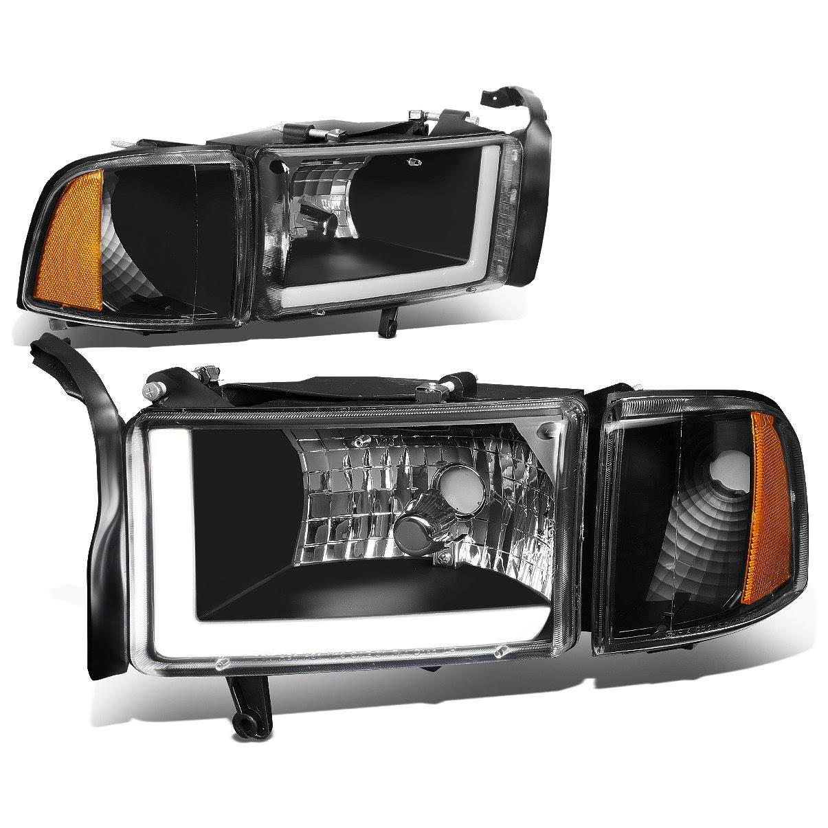 DNA Motoring for 94-02 Dodge Ram 1500 2500 3500 LED DRL Light Bar Headlights Black Housing Amber Corner Headlamp 95 96 97 98 99