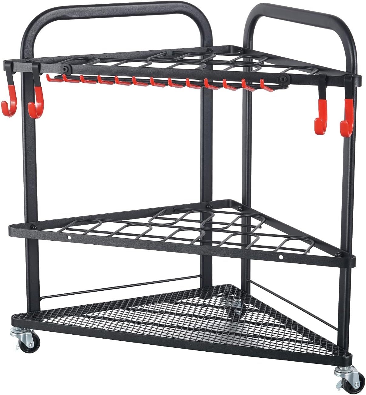 PLKOW Garden Tool Organizer with Wheels and Storage Hooks, Rolling Corner Tool Storage Rack for Garden, Shed, Garage, Powder Coated Steel, Black