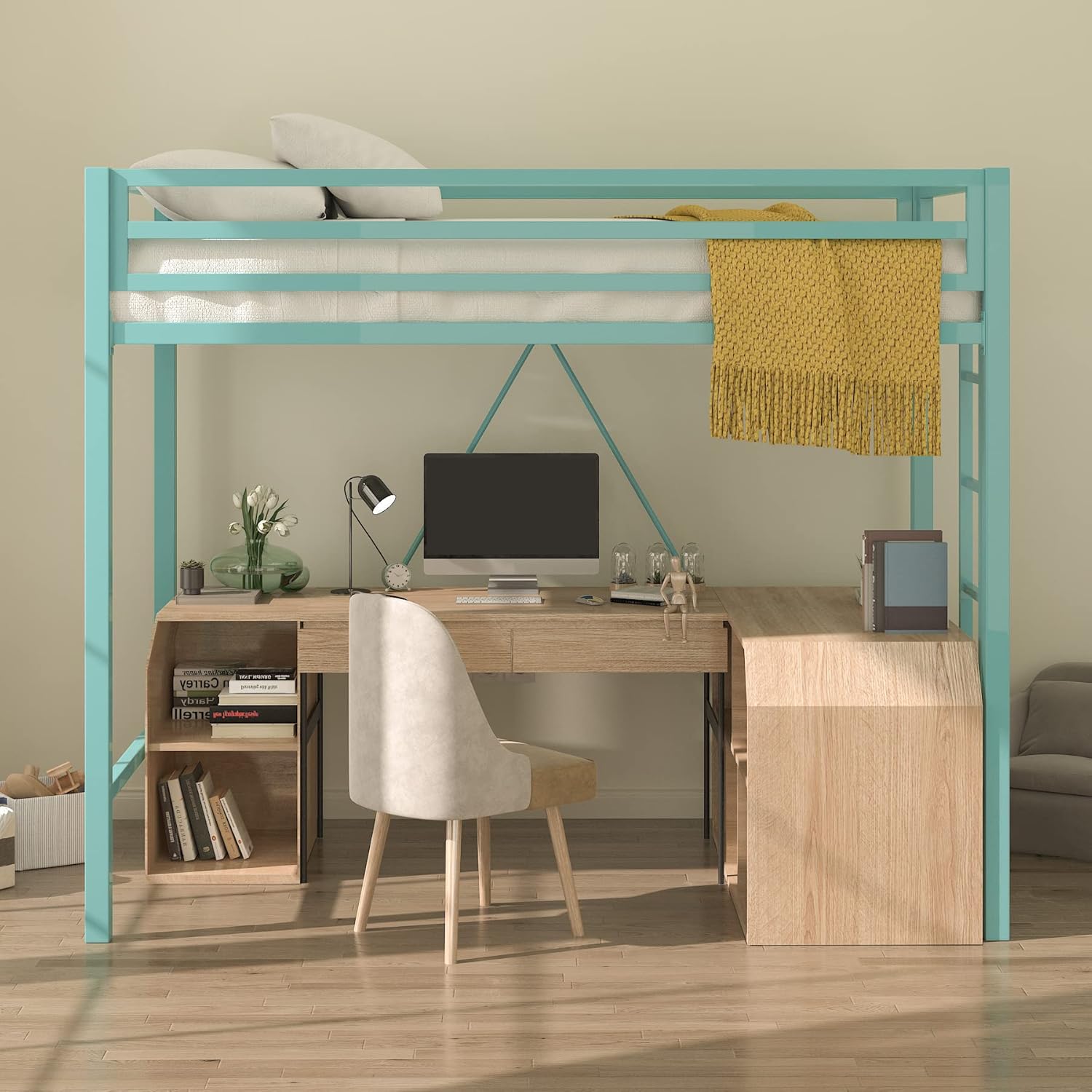 Allewie Heavy Duty Metal Twin Loft Bed Frame with Removable Flat Ladder & Safety Guardrail, Space-Saving, Noise Free, Black