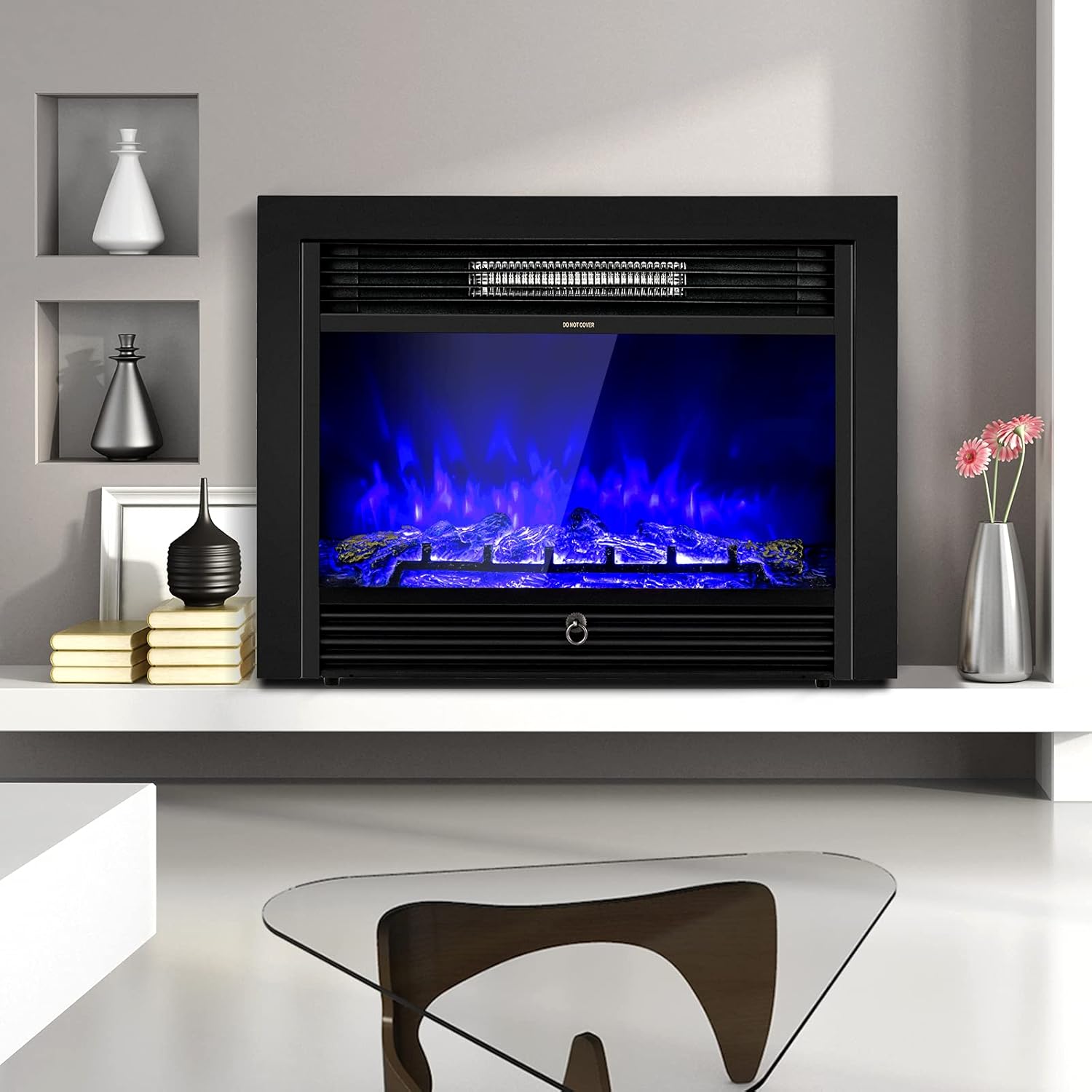 COSTWAY Electric Fireplace 28.5-Inch Wide, 750W/1500W Wall Recessed and Freestanding Fireplace with 3 Flame Colors, 5 Brightness Settings, 8 H Timer, Remote Control, Fireplace Heater for Indoor Use