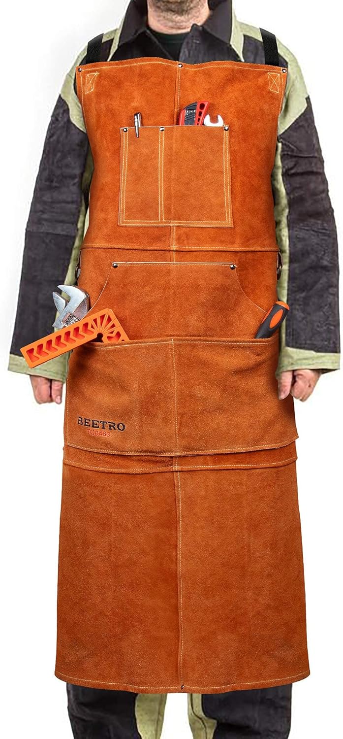 BEETRO Leather Welding| Woodworking| Forging| Heavy Duty| Shop Apron 6 Pockets Heat & Flame Resistant Pack of 2