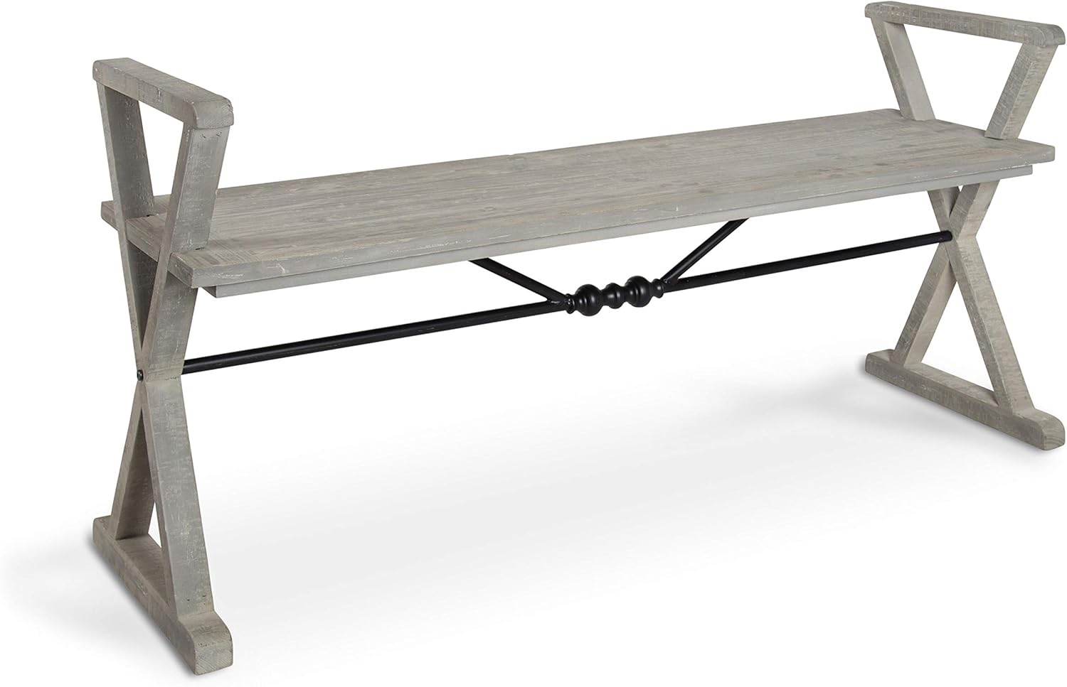 Kate and Laurel Travere Wood Bench, Rustic Gray Finish with Black Metal Support Bar
