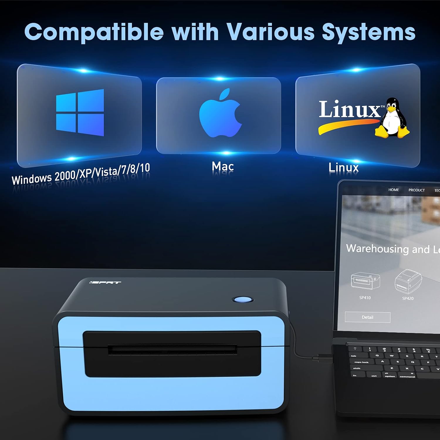 iDPRT Shipping Label Printer - SP410 Thermal Label Printer, Label Printer for Shipping Packages, 150mm/s High-Speed Label Maker for Windows & MAC, Compatible with Shopify, USPS, Amazon & Ebay, Blue