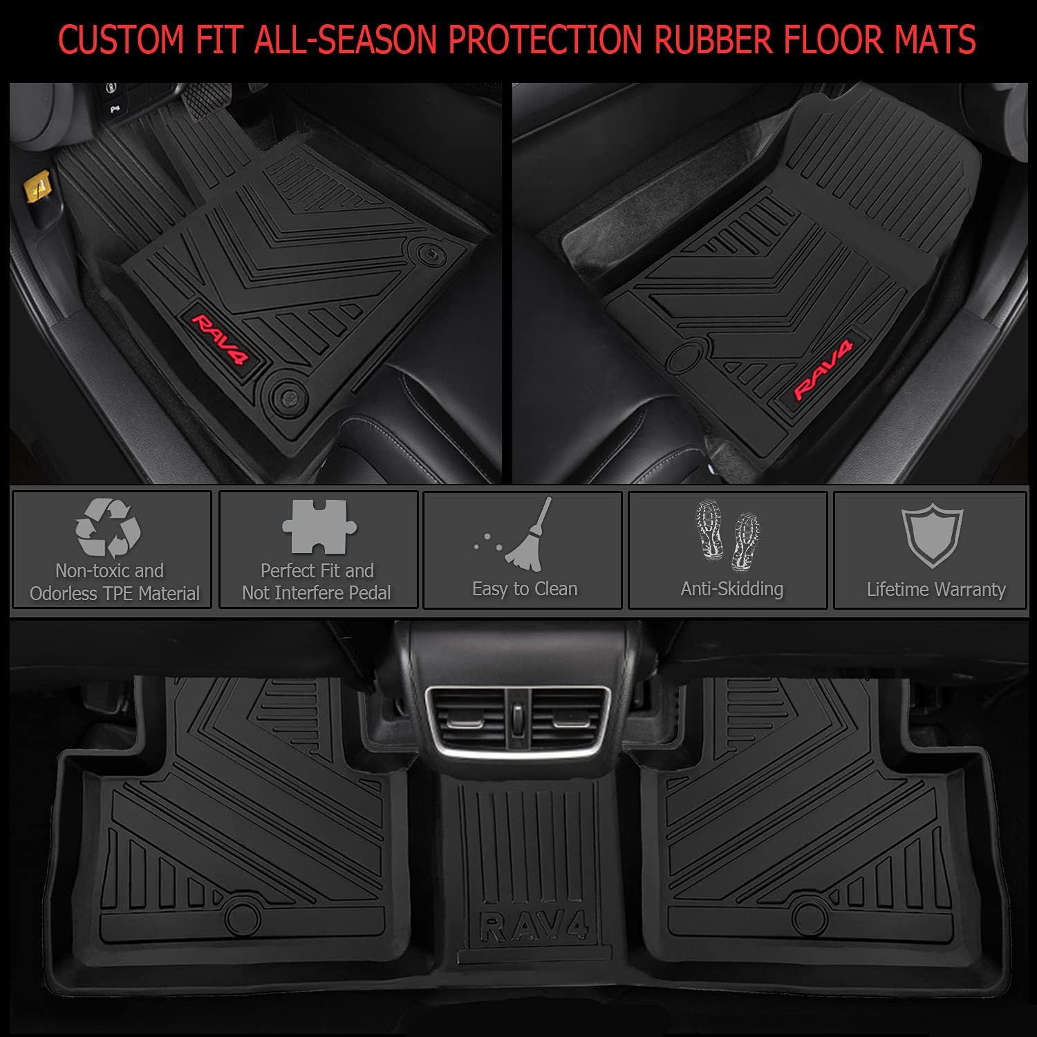 Floor Mats 2 Row Liner Pad Set Black for Toyota RAV4 2019 2020 2021, Toyota RAV4 Accessories Parts, All Weather Protector Mat Front & Rear 2 Row Seat TPE Slush Liner (Not Hybrid Model)