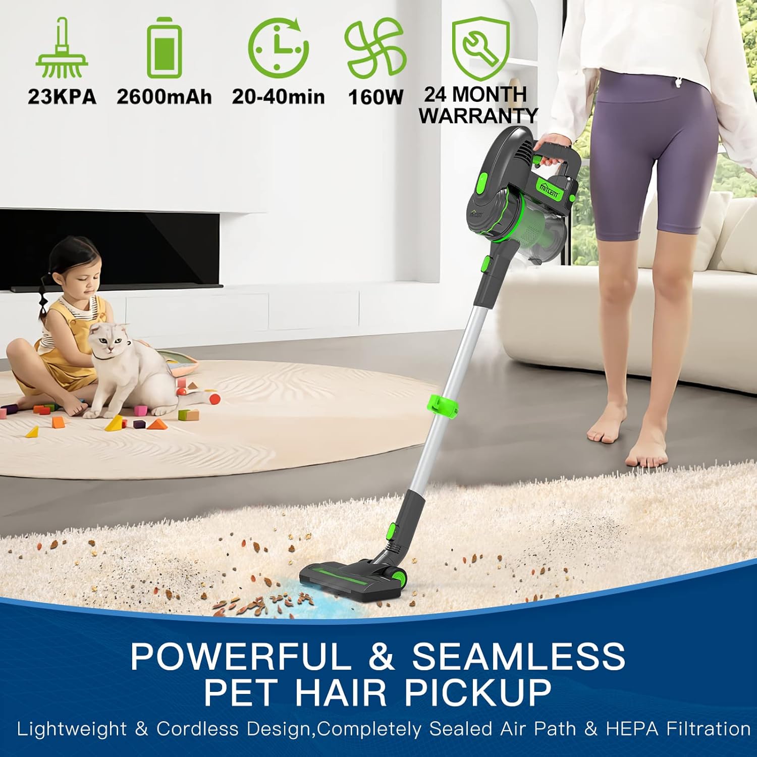 Mitcent Cordless Stick Vacuum Cleaner - 23Kpa 200W High Efficiency Brushless Motor, Lightweight Vacuum Cleaner, MT2002B