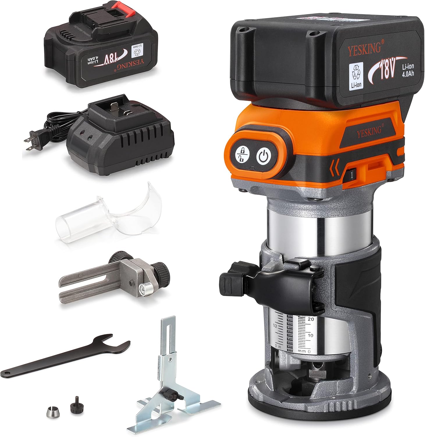 YESKING Cordless Compact Router,18V Lithium-Ion Brushless Router Tool Kit with Fixed Base Battery and Charger