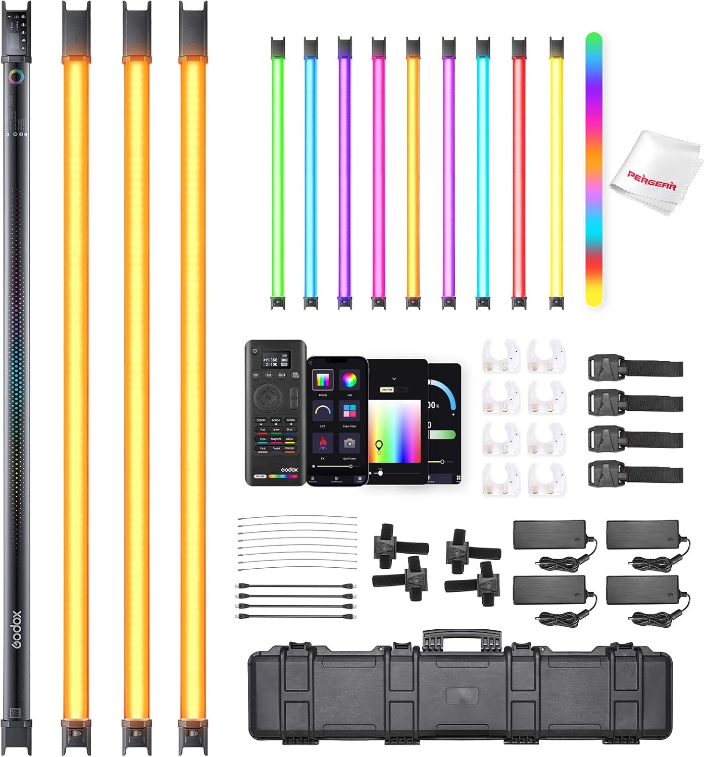 Godox TL120 4-Light RGB Tube Light, 2700K~6500K CRI 96+ TLCI 98+ Accurate Color, Brightness Range 0%~100%, 39 Light Effects, Supports APP/Remote/DMX Control, Built-in Battery, W/Cleaning Cloth