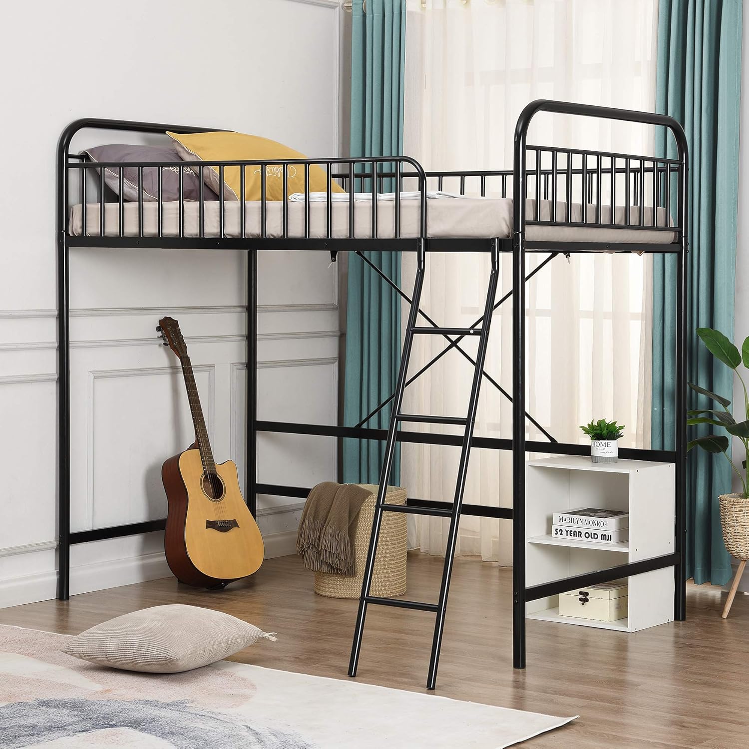 Merax Metal Frame Twin Loft Bed with Full-Length Guardrail and Ladder, Black