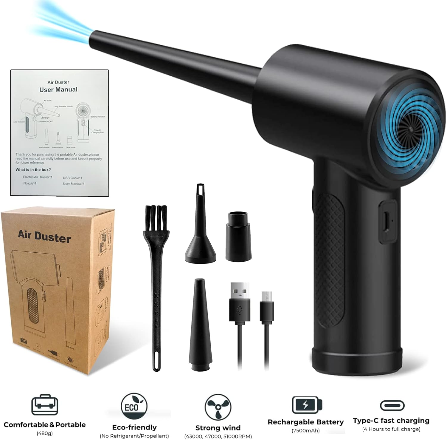 Compressed Air Duster, Electric Air Duster,6000mAh Rechargeable Dust Cleaner with 43000-51000RPM Air Blower for Computer PC Keyboard Car Home Electronics Cleaning Tools Pack of 2