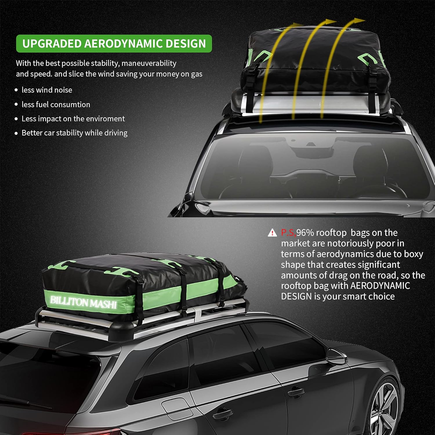 Billiton Premium Rooftop Cargo Carrier Bag ,100% Waterproof Car Roof Bag 15 Cubic Ft, Cargo Bag Carrier for Top of Vehicle with Rack or Without,Heavy-Duty & Waterproof Military-Grade Fabric