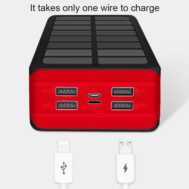 (Red) Solar Power Bank, Large Capacity Portable Charger, LED Waterproof