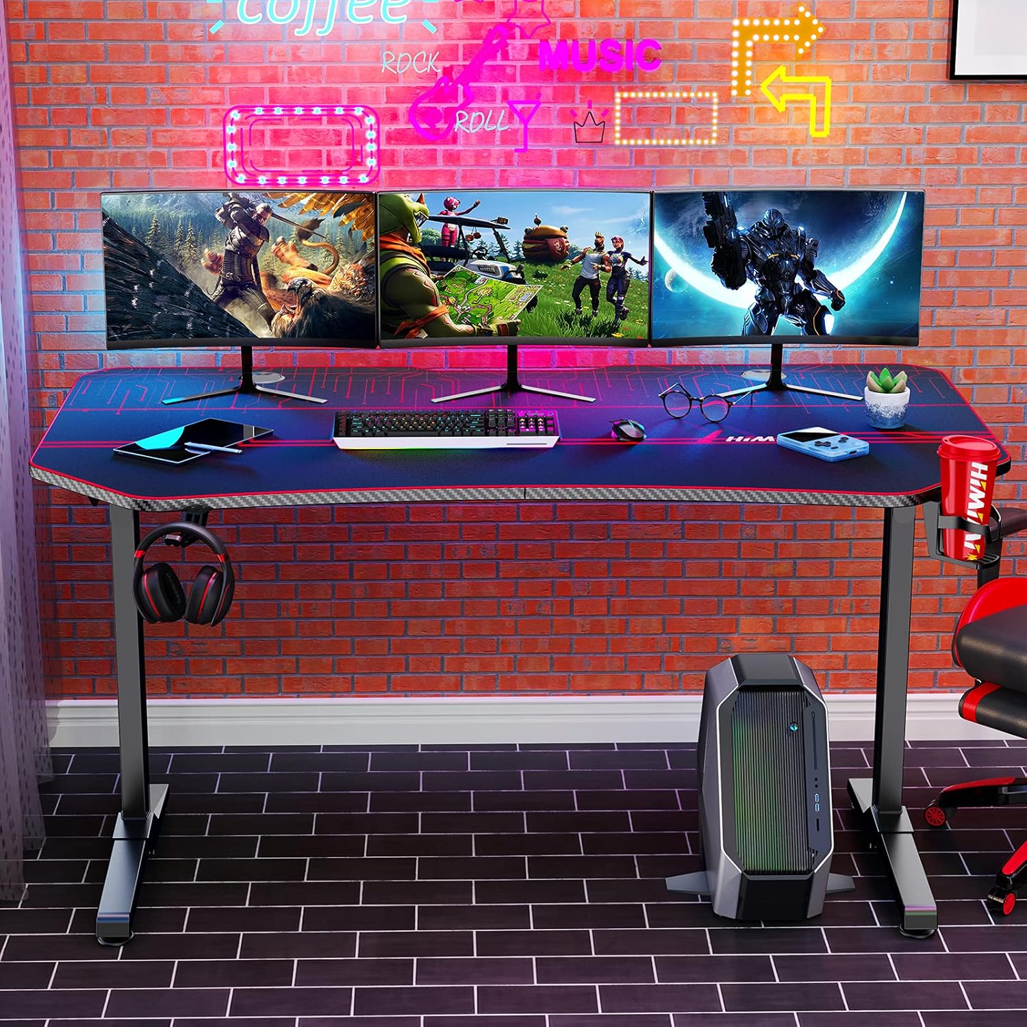 Himimi Gaming Desk 60 Inch, PC Computer Desk Gaming Table T Shaped Gamer Desk PC Workstation Computer Table with Free Mouse pad, Cup Holder and Headphone Hook for Home Office, 60