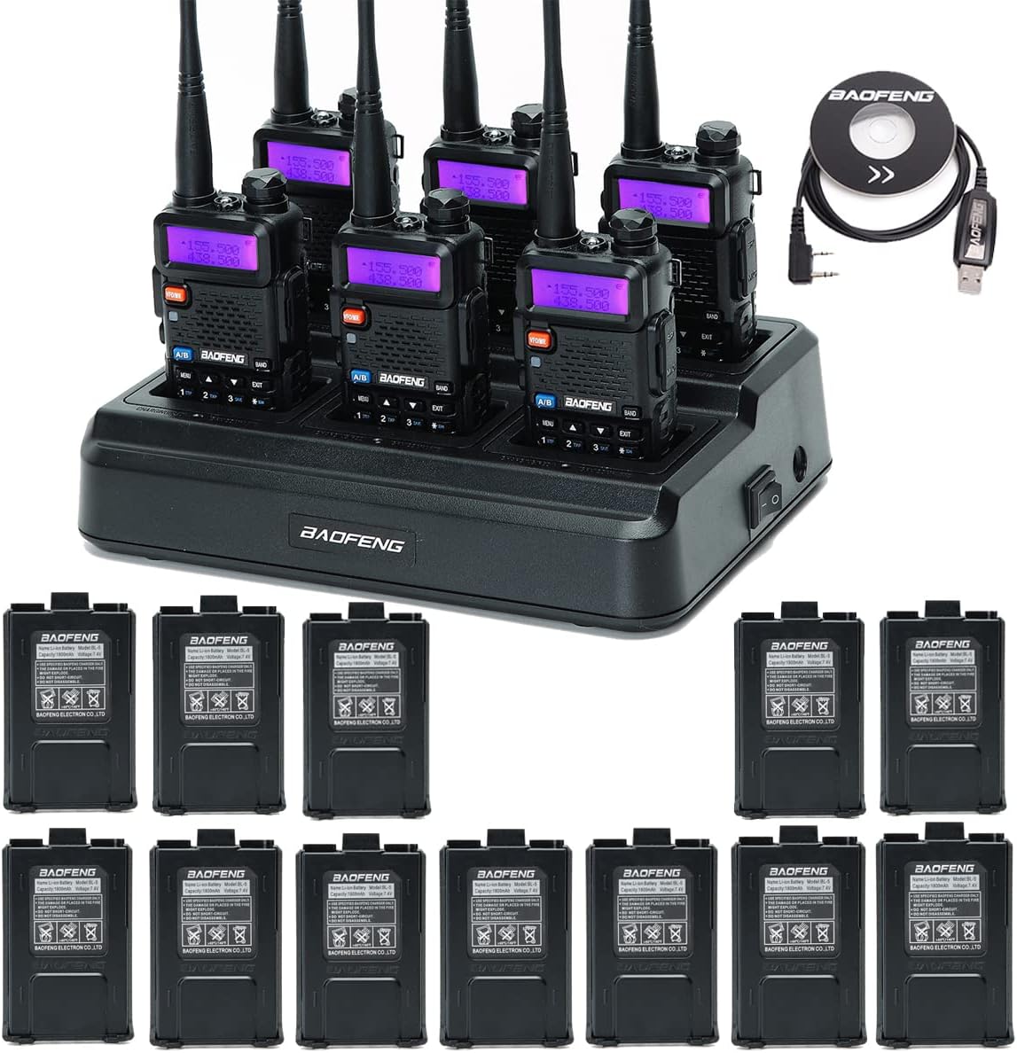 6Pack BAOFENG UV-5R Ham Radio Long Range Walkie Talkie FCC ID Handheld Two Way Radio with 6 Way Multi Gang Charger，Programming Cable