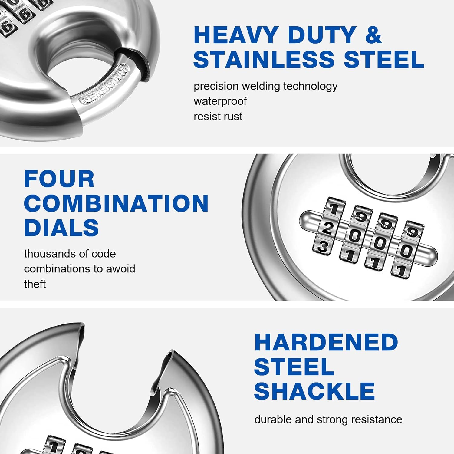 4 Pack 4 Digit Combination Disc Padlock with Hardened Steel Shackle Combo Gate Locks for Outdoor Fence Resettable Code Trailer Combo Lock Metal Combination Storage Lock for Shed Door Warehouse Garage