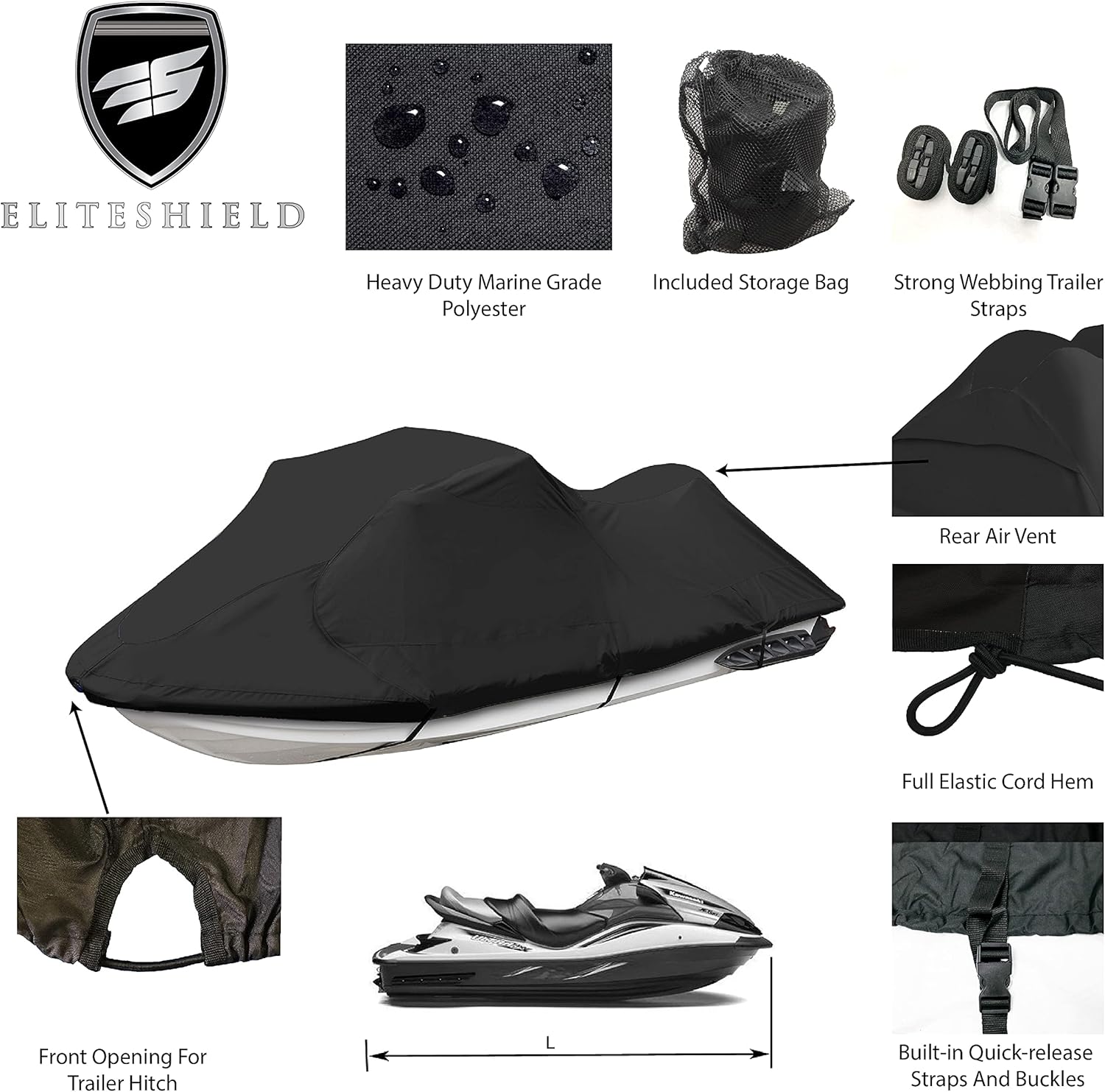 EliteShield Personal Waterproof Cover, Trailerable Jet ski Cover Plyester Fade-Resistant Fabric Fits Stand-up Jet Ski Pack of 2
