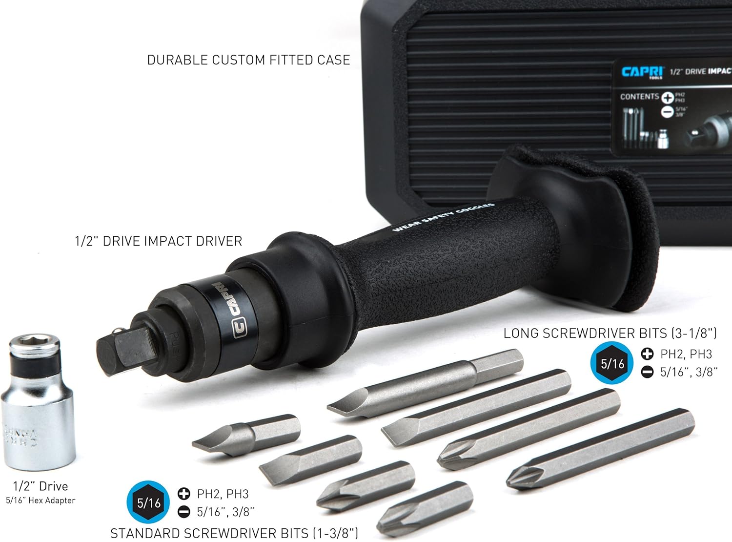 Capri Tools Premium Impact Driver Set, Manual Reversible, for Brake Caliper Screws, 1/2