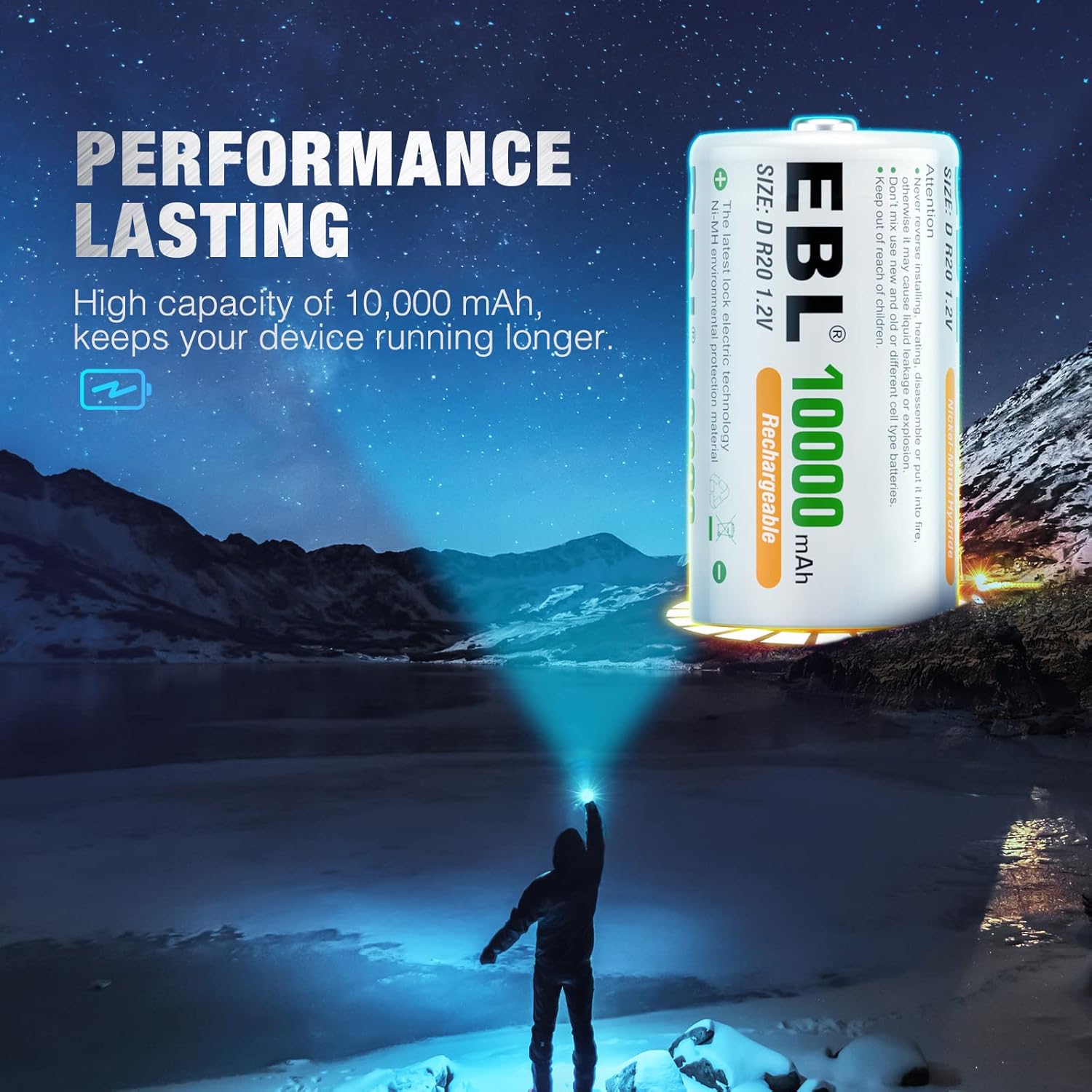 EBL D Cell Batteries 10,000mAh Ultra Pro Ni-MH Rechargeable D Batteries, 4-Pack