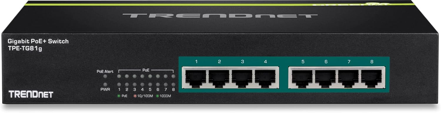 TRENDnet 8-Port Gigabit GREENnet PoE+ Switch, TPE-TG81g, 8 x Gigabit PoE+ Ports, Rack Mountable, Up to 30 W Per Port with 110 W Total Power Budget, Ethernet Network Switch, Metal, Lifetime Protection