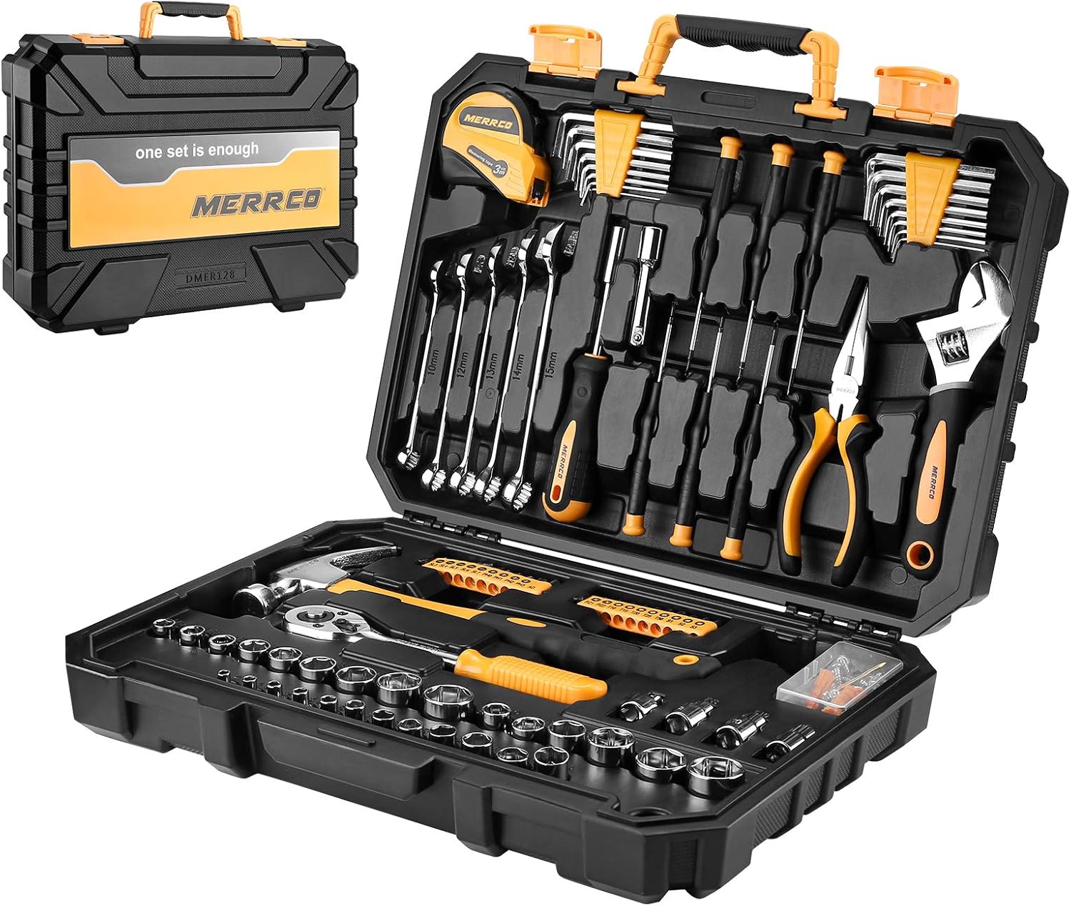 MERRCO 128 Piece Tool Set Socket Wrench Auto Repair Mixed Tool Combination Package Hand Tool Kit with Plastic Toolbox Storage Case