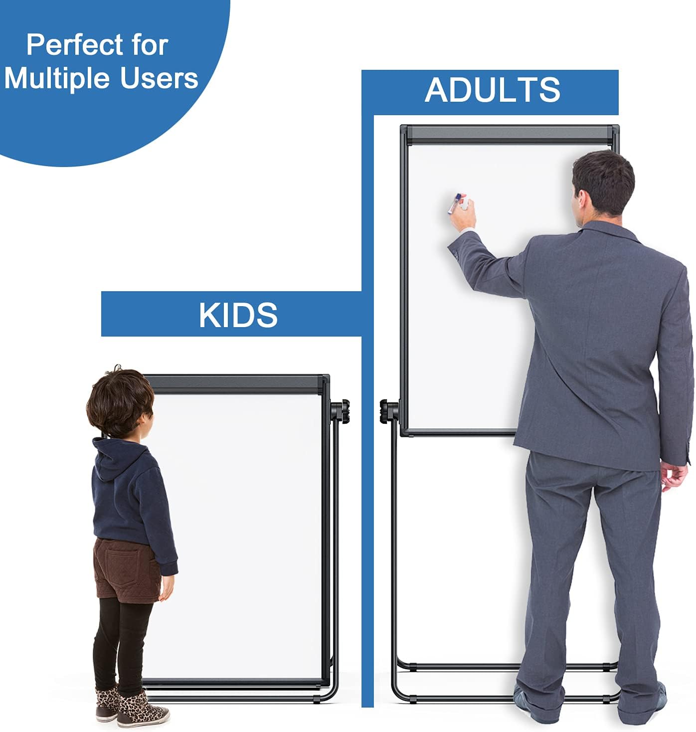 Double Sided White Board with Stands, Magnetic Whiteboard 40 x 28 inch Easel Stand, Height Adjustable Portable Dry Erase Board with 6 Magnets, 3 Markers, 1 Eraser for Home Office Teaching
