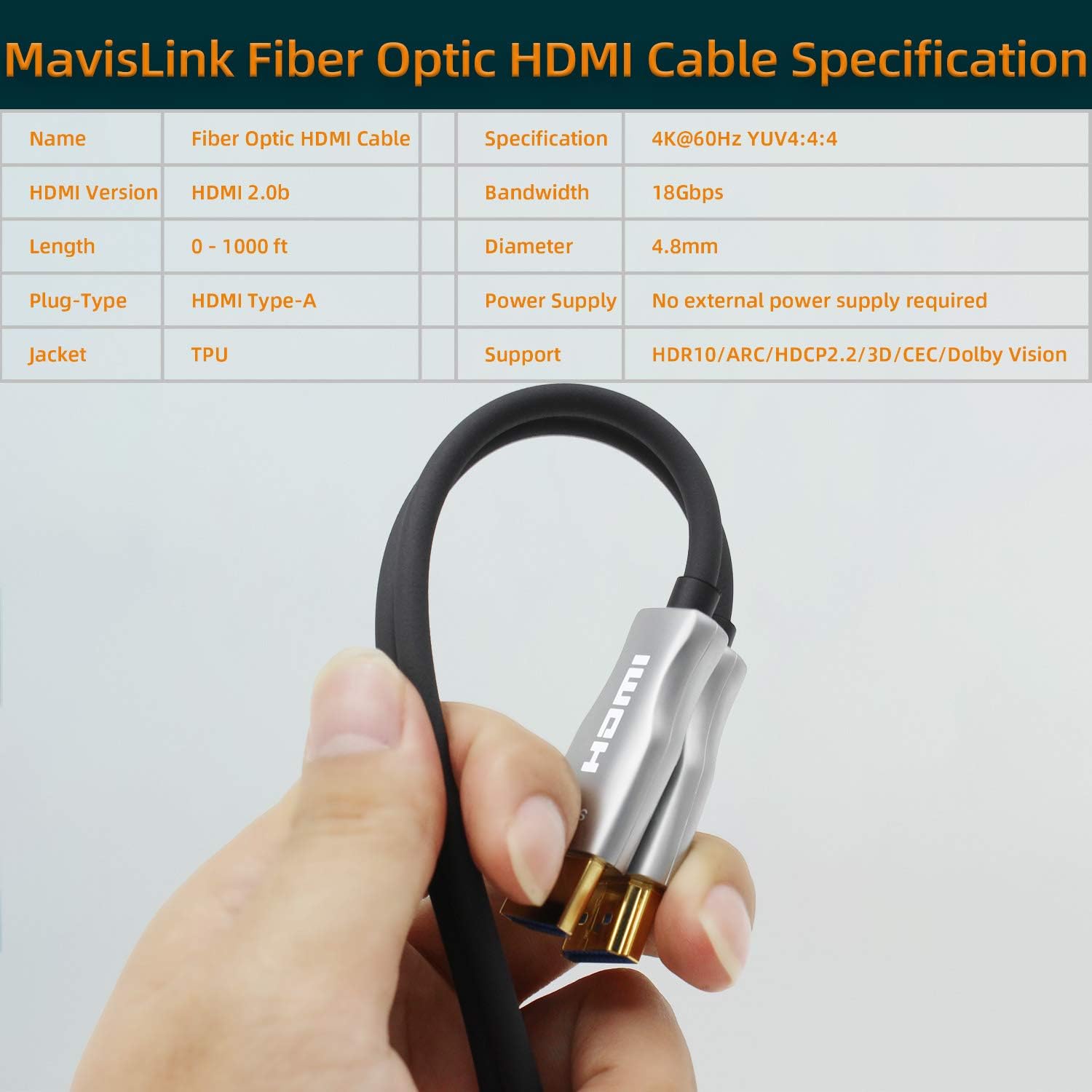 MavisLink Fiber Optic HDMI Cable 75ft 4K 60Hz HDMI 2.0 Cable 18Gbps HDMI Cord Support ARC HDR HDCP2.2 3D Dolby Vision for Blu-ray/TV Box/HDTV / 4K Projector/Home Theater Pack of 2