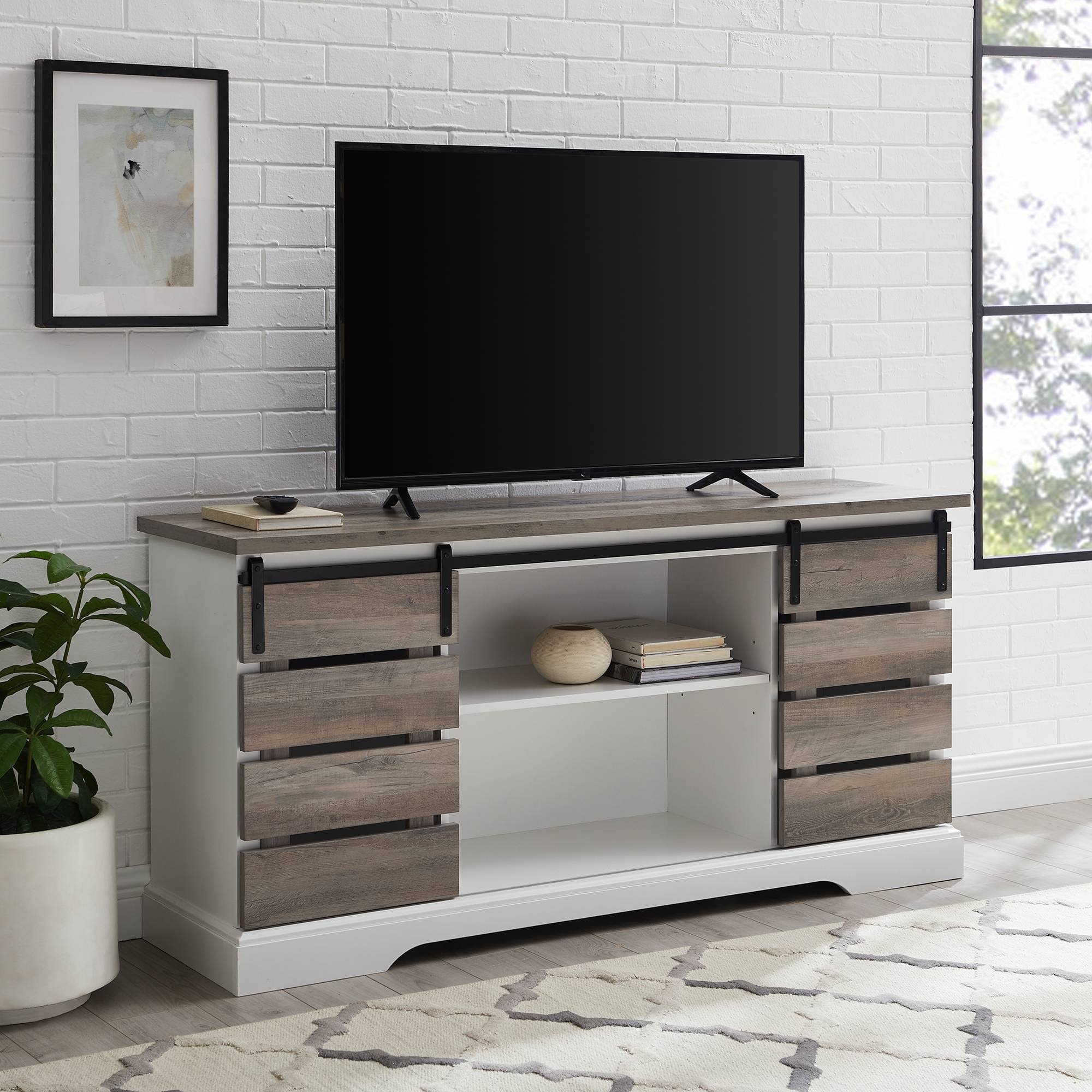 Farmhouse Sliding Slat Door Console TV Stand for TVs Up to 65x22 Gray Wash - Saracina Home