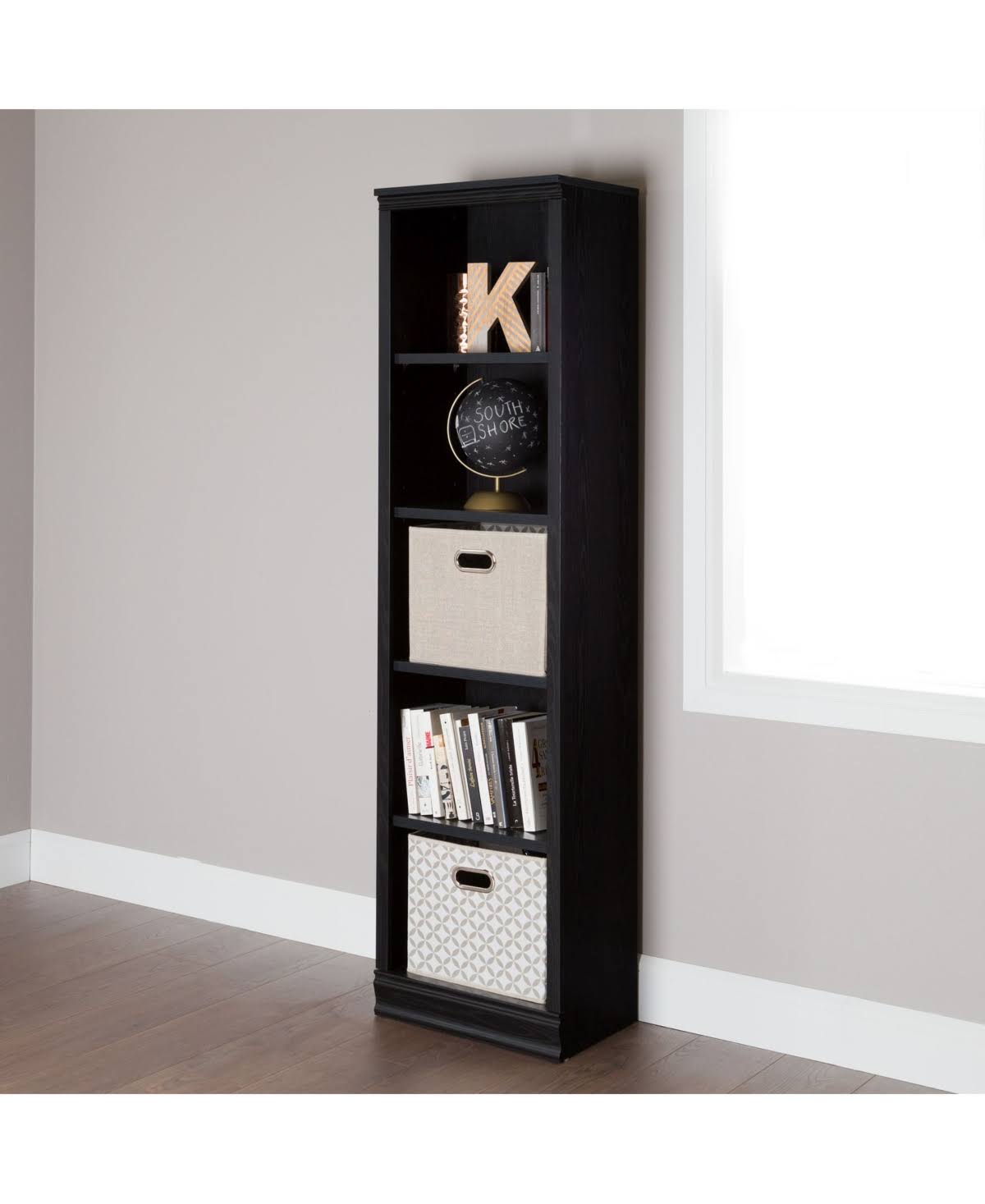 South Shore Morgan 5 Shelf Narrow Bookcase Black Oak
