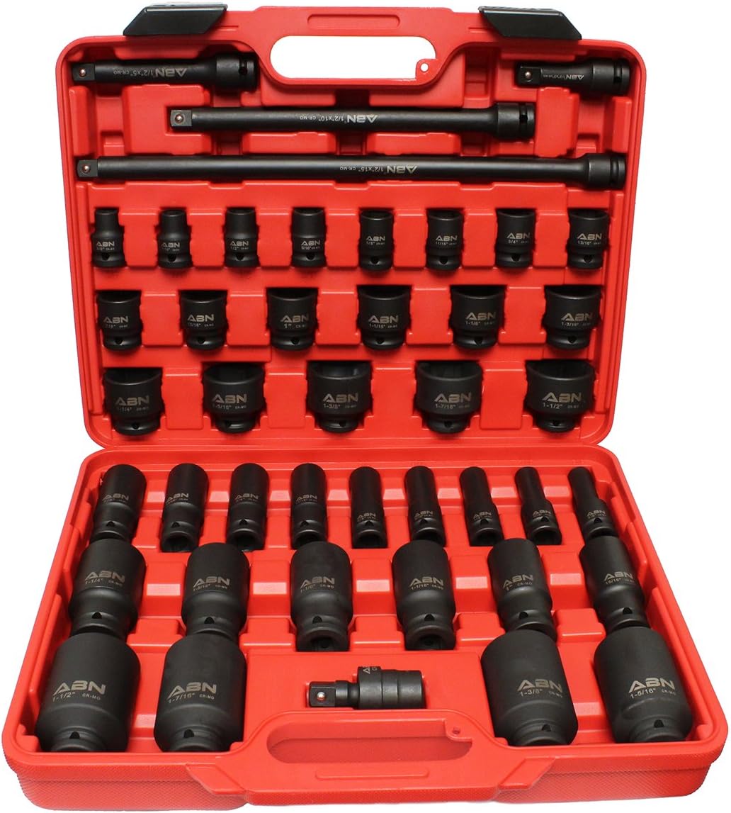 ABN 1/2in Drive SAE Standard Master Deep & Shallow Impact Socket 43-Piece Set 3/8&ndash;1-1/2in w/Extension & Swivel Joint