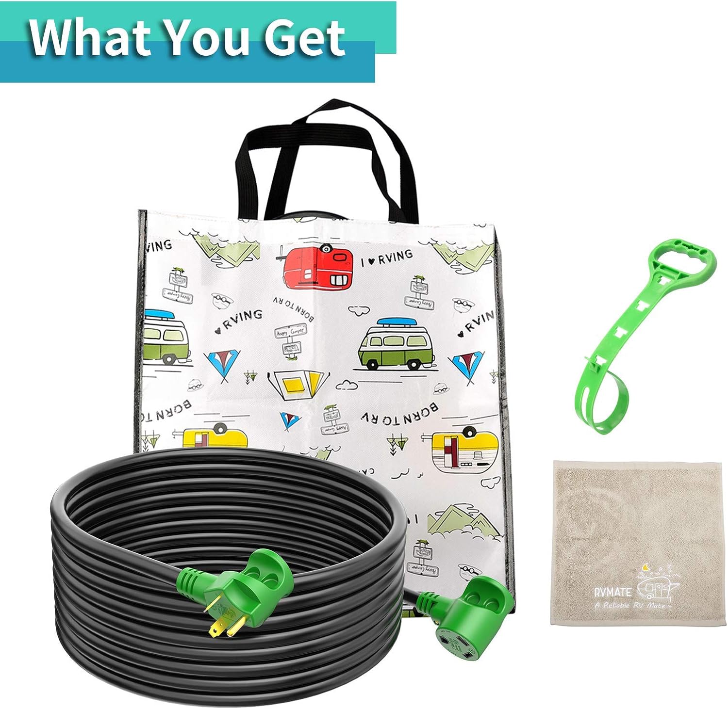 RVMATE 30 Amp 30 Feet RV Power Extension Cord, Easy Plug in Handle, TT-30P to TT-30R with LED Indicator, 10 AWG, ETL Listed Pack of 2