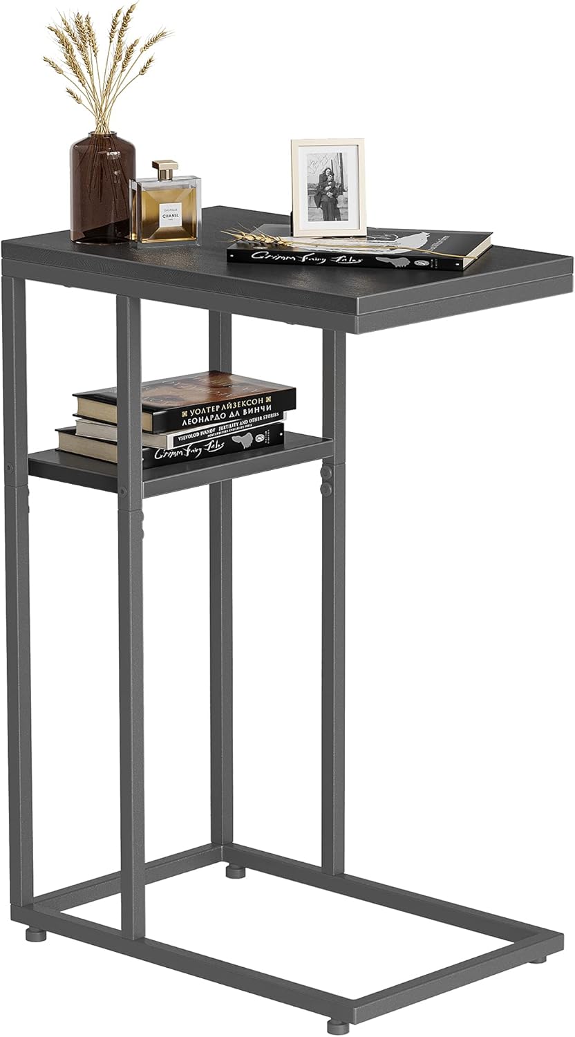 CubiCubi C Shaped End Table, Side Table for Couch and Bed, Rustic Table Living Room Bedroom, Small Table with Metal Frames, Modern Design, Deep Rustic Brown Pack of 2