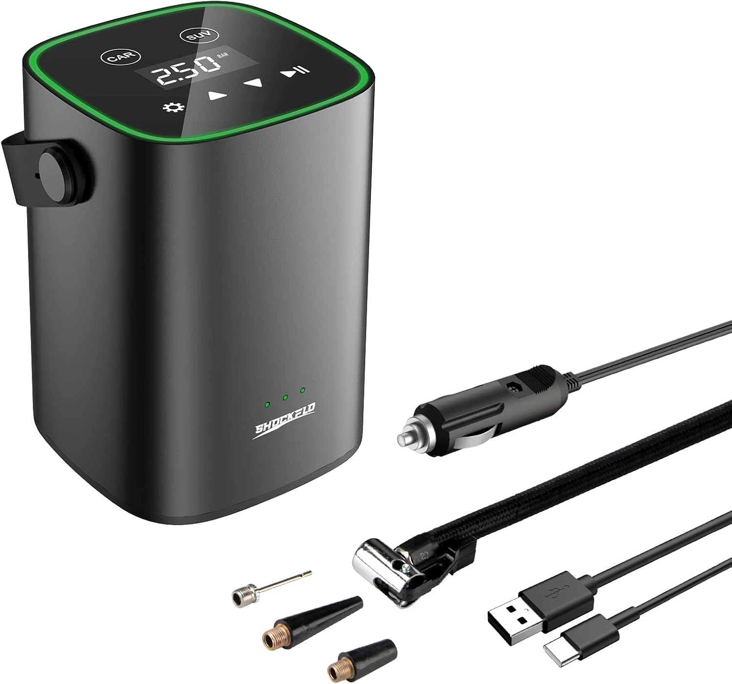 ShockFlo Tire Inflator Portable Air Compressor for Car Tire, [Cordless & Strong Power] Air Pump for Car Tire with Protected Battery [Fast inflate 150PSI] Tire Pump with LED Screen, for Car Bike Motor. Pack of 2