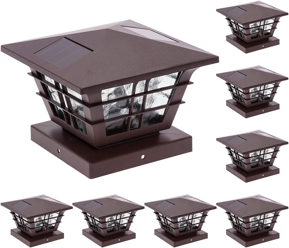 GreenLighting 8 Pack Cape Cod 5x5 Solar Powered Post Cap Light with 4x4 Base Adapter, Fits 5 inch and 4 inch PVC Posts (Brown)